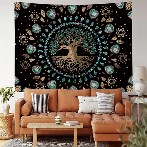 Miniatura 2 de Tapiz de árbol de la vida para dormitorio, tapiz de mandala hippie estético, naturaleza espiritual, tapices de árbol de abulón y dorado, tapiz