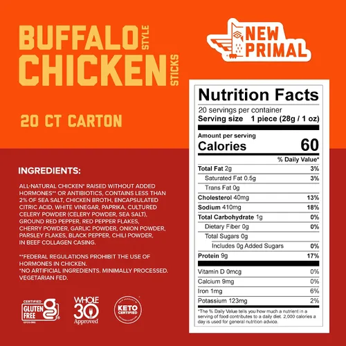 Miniatura 2 de The New Primal Buffalo Chicken Sticks, Keto, sin gluten, bocadillos saludables, sin azúcar, bajo en carbohidratos, alto en proteínas, charqui