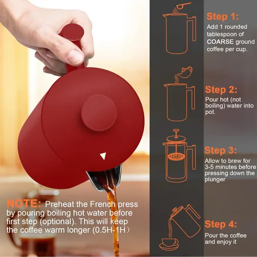 Miniatura 7 de Secura Cafetera de Prensa Francesa, Prensa de Café de Acero Inoxidable de Doble Pared Grado 304 con 2 Filtros Adicionales, 34oz (1L), Rojo
