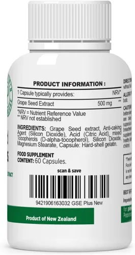Miniatura 2 de Extracto de semilla de uva Plus-Vitis Vinifera (60 cápsulas) - Fuerza, 60 cápsulas veganas, polifenoles (proantocianidinas), potente, suministro