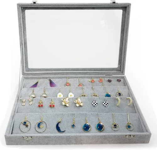 Organizador de almacenamiento de pendientes de terciopelo de hielo con tapa transparente grande, caja de joyería, soporte para aretes, vitrina gris