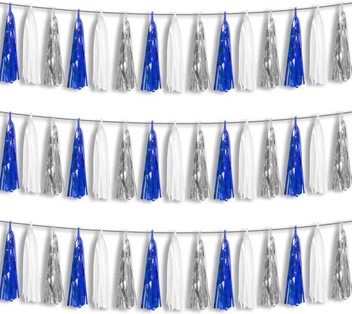Miniatura 23 de 3P Guirnalda de borlas metálicas con flecos de oro blanco y azul marino, banderines de borlas para desfiles, despedidas de soltera, bodas, Azul Oro