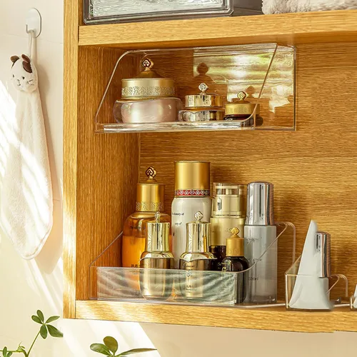 Miniatura 8 de Organizador de estantes de 2 niveles para botiquín, compartimentos para almacenamiento de maquillaje, bandejas de estante para pared de gabinete