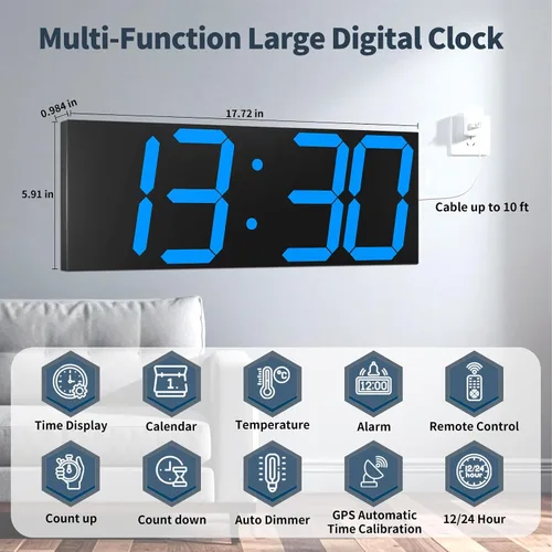 Miniatura 2 de CHKOSDA Reloj de pared digital automático de 18.7 pulgadas, reloj de pared LED con pantalla grande, reloj multifunción con alarma y temporizador