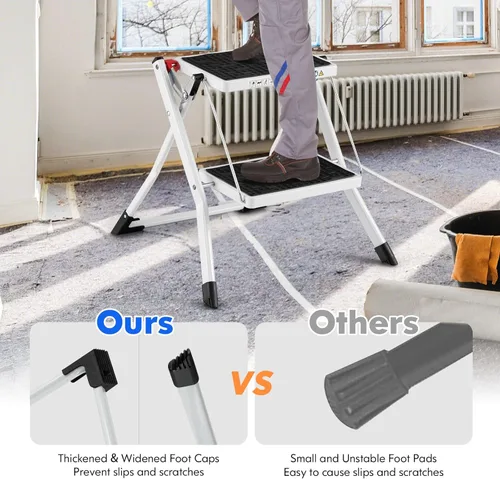 Miniatura 5 de Goplus Escalera de 2 escalones, taburete plegable ligero con pedales antideslizantes, cubiertas antideslizantes para pies, escalera de mano de metal