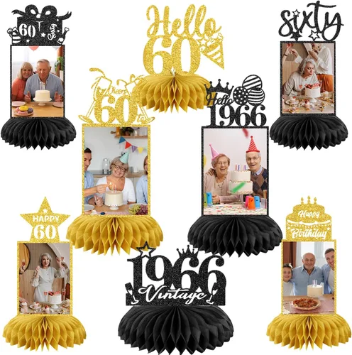 Miniatura 22 de 9 piezas de decoración de cumpleaños 70 para hombres y mujeres, centros de mesa de nido de abeja de feliz cumpleaños 70, decoración de mesa de 70