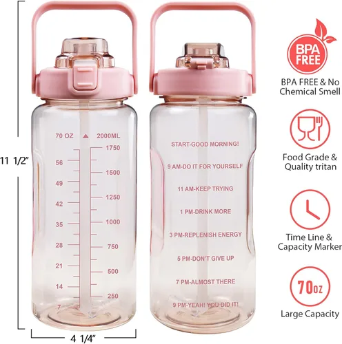 Miniatura 2 de Botella de agua de medio galón con manga, botella de agua motivacional de 64 onzas con popote y marcador de tiempo, botella de agua grande para Rosa