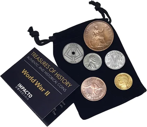 Moneda Mundial de la Segunda Guerra Mundial: 6 monedas utilizadas durante la Segunda Guerra Mundial, colección del Día D (1944) en bolsa de