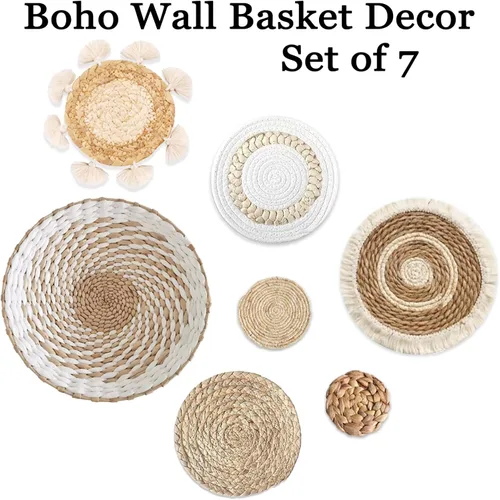 Miniatura 4 de Paquete de 7 cestas de pared bohemias – Decoración de pared de mimbre de ratán de hierba marina redonda hecha a mano colgante rústica plana elegante