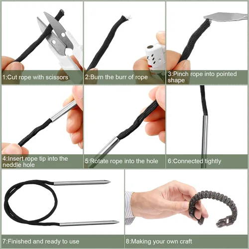 Miniatura 5 de Ferraycle Juego de 12 piezas para anudar paracord de acero inoxidable, juego de pasador paracord, agujas para coser, lacer y alisar para trabajo