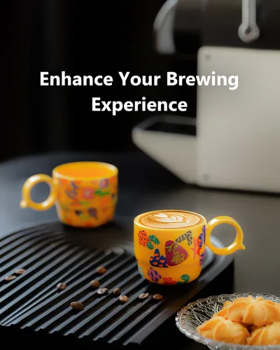 Miniatura 8 de Juego de 2 Tazas de Espresso Mini de Cerámica – 3 oz Tazas de Café Espresso Dobles con Asa en Q, Patrón Floral y de Frutas Amarillo, Pequeñas Tazas