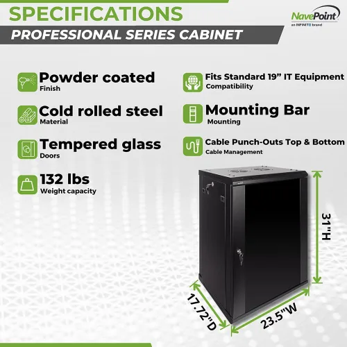 Miniatura 4 de Navepoint 9U Deluxe IT - Gabinete para montaje en pared, 19 pulgadas, rack de red de servidores con puerta de vidrio con bloqueo, 24 pulgadas