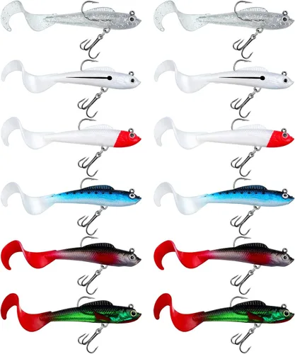 Skylety 24 señuelos de pesca, señuelos de plástico suave para lubina, cabeza de jig, Swimbait, kit de aparejos de plástico suave realista para agua
