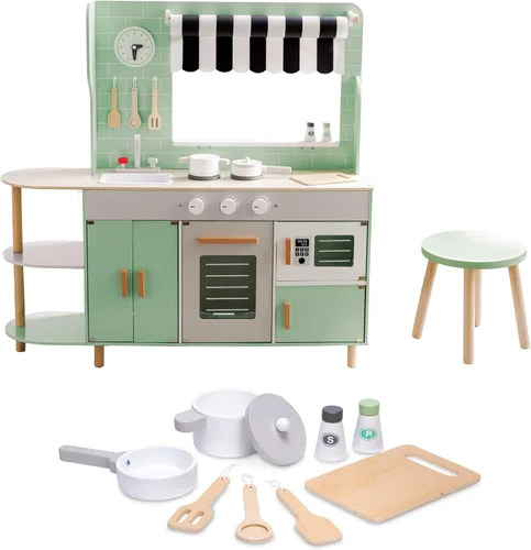 MindWare Play Kitchen Café – Juego único 2 en 1 con cocina en un lado y café en el otro – Juego de simulación para niños a partir de 3 años –