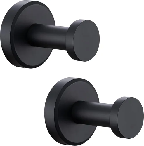 APLusee Gancho para toallas de baño negro mate para baño, paquete de 2 ganchos de acero inoxidable, perchas de pared resistentes montadas en la pared