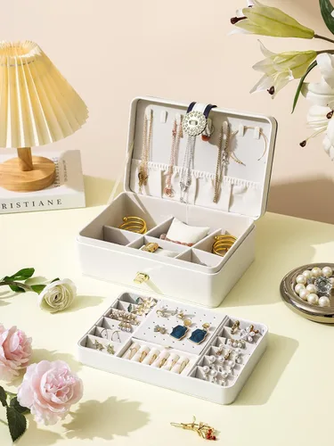 Miniatura 7 de AOSIFIEL Joyero y organizador para mujeres, adolescentes, niños, aretes, joyero con colgador de collar, caja de joyería de pie de piel sintética