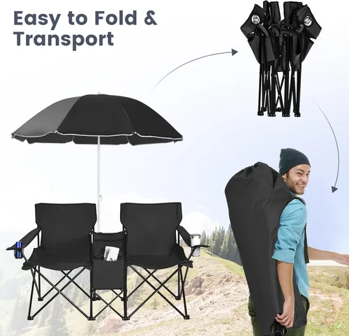 Miniatura 7 de Tangkula Sillas de campamento dobles con paraguas, silla de campamento plegable portátil de 2 asientos con bolsa enfriadora, soporte para bebidas