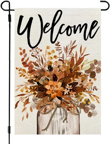 CROWNED BEAUTY Bandera de jardín de otoño, frasco Mason floral de 12 x 18 pulgadas, doble cara para exterior, pequeña bienvenida de arpillera,