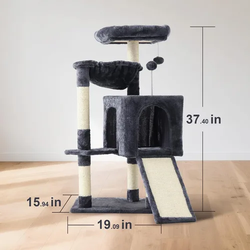 Miniatura 4 de Torre de árbol para gatos de 37 pulgadas con condominio para gatos de varios niveles, postes rascadores, cueva para gatos de 2 puertas, gris