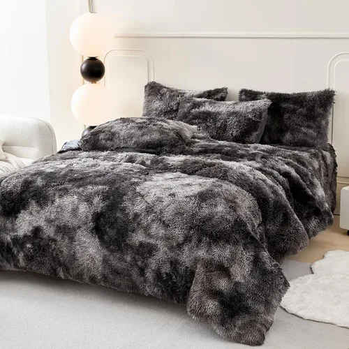 Miniatura 9 de PERFEMET Juego de cama de 3 piezas de felpa azul peluda tamaño queen, estampado de teñido largo, ropa de cama arcoíris de piel sintética para niñas