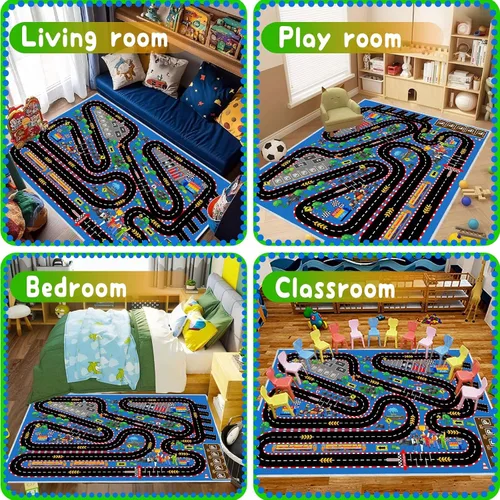 Miniatura 4 de Alfombra de coche para niños para autos de juguete, alfombra de pista de carreras, alfombra de carretera para sala de juegos, aula, habitación