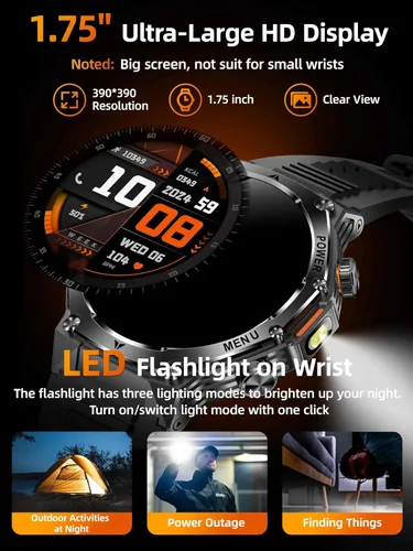 Miniatura 6 de KPEP Military Watches for Men with 2 Straps (Bluetooth Call), 1.75" HD Screen Military Watch with Flashlight, 800mAh Battery, SpO2 Heart Rate Sleep