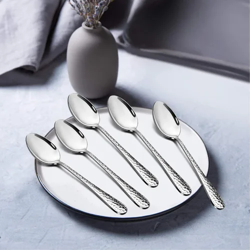 Miniatura 5 de E-far - Juego de 6 cucharaditas martilladas de acero inoxidable moderno, cubiertos de postre para el hogar, cocina, restaurante, borde redondo