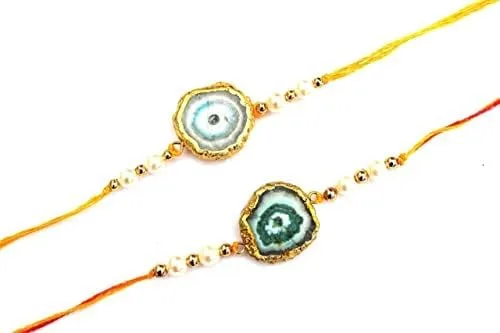 HiJet Rakhi-Hijet - Paquete de 2 pulseras de hilo para hermano/Bhai On Rakshabandhan para protecciones y bendiciones, tamaño libre, Gema, Ágata