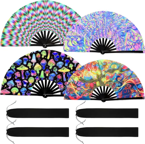 Miniatura 8 de Qunclay Paquete de 4 abanicos plegables grandes para rave de mano para baile de línea, fanáticos chinos, japoneses, para fiestas de festivales