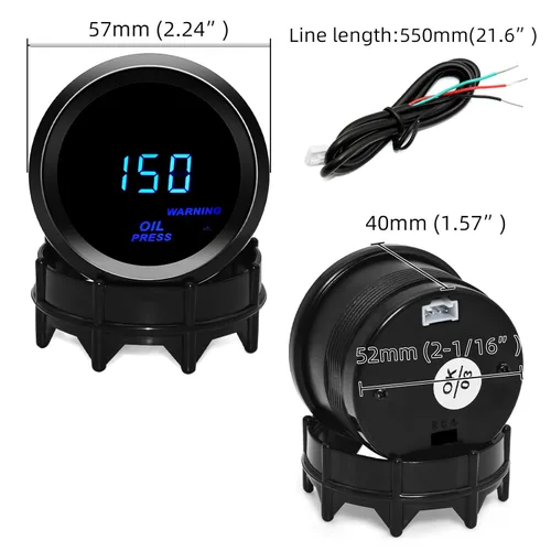 Miniatura 2 de Medidor de presión de aceite de 2 pulgadas = 52 mm con kit de emisor LED azul digital para automóvil de 12V (negro)