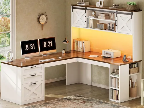 Miniatura 12 de SEDETA - Escritorio de 67 pulgadas en forma de L con gabinete, escritorios de oficina en casa con cajones y puertas correderas, escritorio esquinero