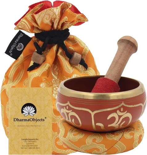 Miniatura 11 de DharmaObjects ~ Juego de cuencos tibetanos OM con mazo, cojín de brocado y bolsa de transporte ~ para meditación, curación de chakras, oración, yoga