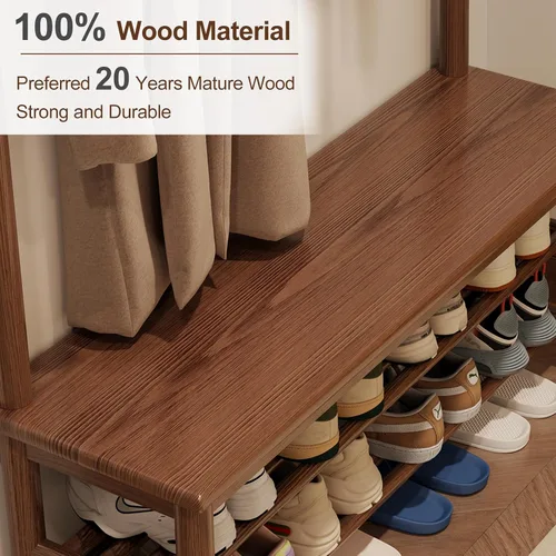 Miniatura 4 de AQIMUELE Perchero con almacenamiento de zapatos, árbol de pasillo de madera con banco, 11 ganchos y estantes de almacenamiento de 2 niveles, 3 en 1