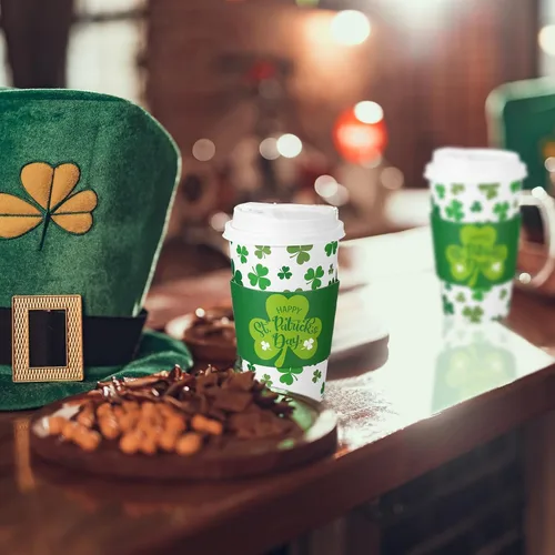 Miniatura 6 de Jingmore Paquete de 60 tazas de café desechables del día de San Patricio con tapas y fundas de 16 onzas, tazas de café irlandesas de papel de trébol