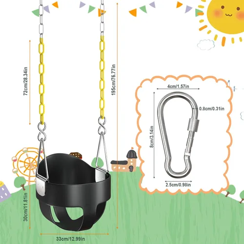 Miniatura 2 de AGPTEK Asiento de columpio para niños pequeños con respaldo alto y cadenas de columpio con revestimiento amarillo y mosquetones, columpio para bebé