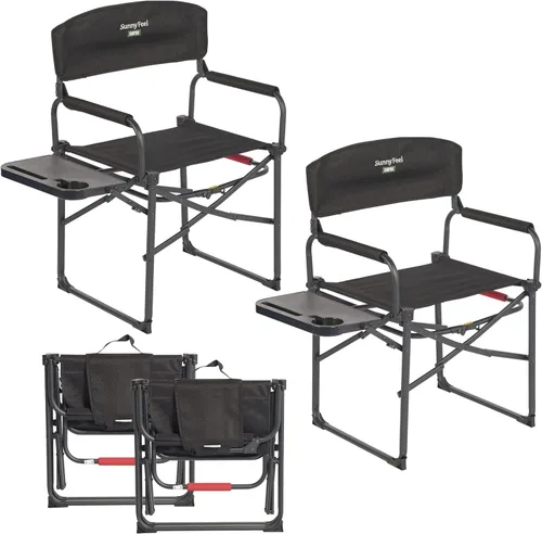 SUNNYFEEL Silla de directores de camping, resistente, silla plegable portátil de gran tamaño con mesa auxiliar, bolsillo para playa, pesca, viaje,