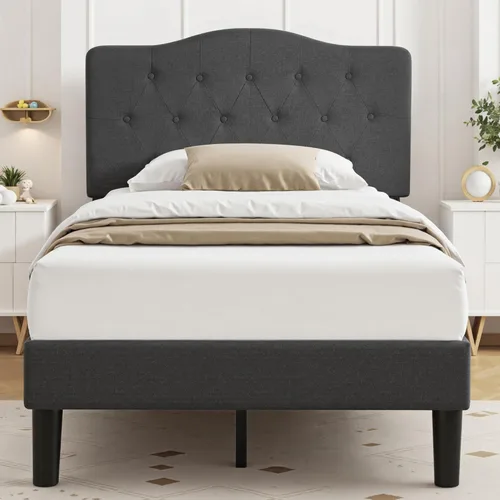 Miniatura 11 de VECELO Base de cama de plataforma de tamaño individual con cabecera tapizada de tela y soporte de listones de madera, no necesita somier/fácil