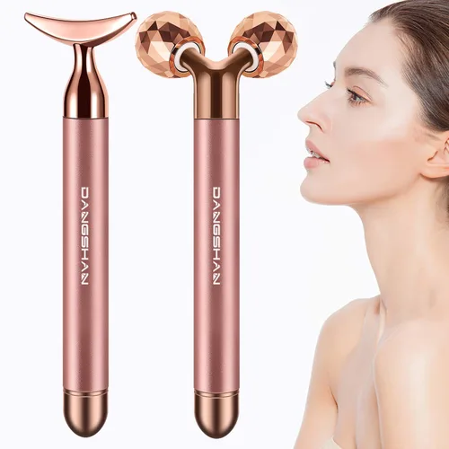 Rodillo masajeador facial eléctrico 2 en 1, rodillo facial de oro rosa de 24 quilates, rodillo 3D y rodillo facial único en forma de media luna,
