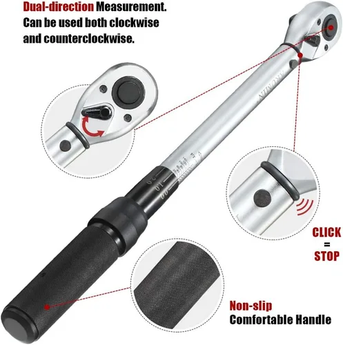 Miniatura 3 de Llave dinamométrica de clic de 1/2 pulgada (10-150 pies-libras/13.6-203.3 Nm) Juego de llave de torque ajustable de doble dirección