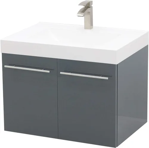 Juego de lavabo flotante para montaje en pared, tocador gris oscuro brillante, encimera de fregadero integrada blanca, 29.25 pulgadas