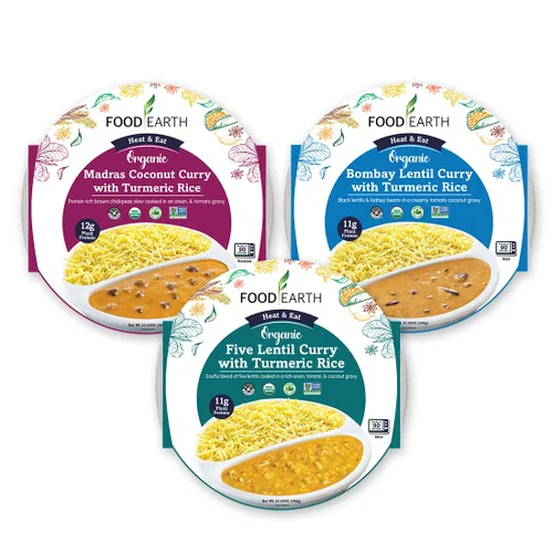Miniatura 12 de Food Earth Paquete de cocina india listo para comer – Curry de lentejas partidas, curry de garbanzos con arroz al vapor y biryani de verduras