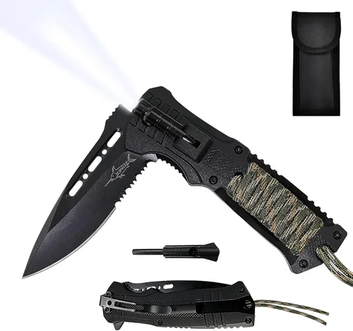 Miniatura 13 de XIPHIAS Damascus XK039DA - Cuchillo de supervivencia 6 en 1, multiherramienta plegable con luz LED, arrancador de fuego, silbato y paracaídas, clip