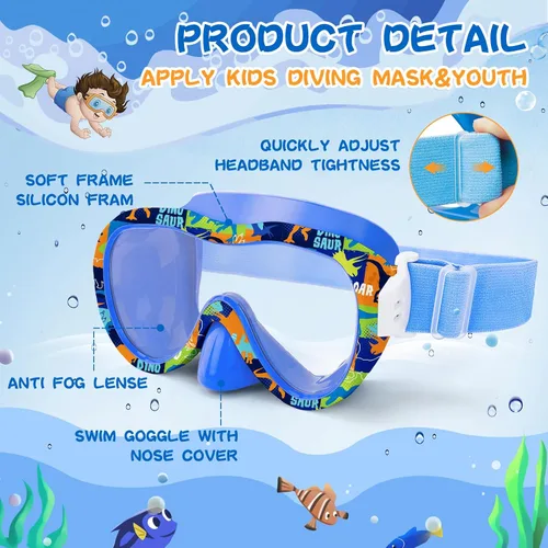 Miniatura 6 de Gafas de natación para niños con cubierta para la nariz, máscara de esnórquel panorámica de 180° con diseño antivaho y antifugas, correa de tela
