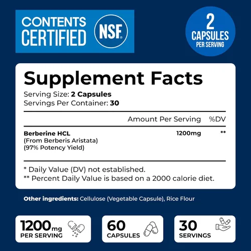 Miniatura 3 de WeLikeVitamins Suplemento de berberina certificado NSF, 1200 mg, berberina HCL de máxima fuerza pura – 60 cápsulas vegetarianas