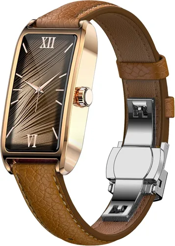 Amoled Laies - Reloj inteligente para mujer, reloj inteligente con correa de piel, monitor de ritmo cardíaco, estrés, sueño, 12 modos deportivos,