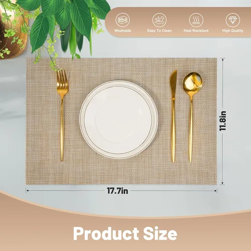 Miniatura 2 de Juego de 6 manteles individuales, antideslizantes, tejido de PVC, fáciles de limpiar, resistentes al calor, para cocina, comedor, decoración Beige