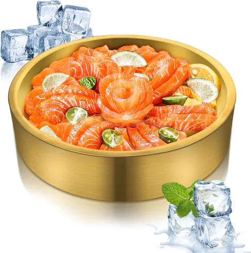 Bandejas de acero inoxidable doradas de 11 pulgadas, bandeja fría para servir aperitivos con hielo, bandeja de servir helado para fiestas, plato de