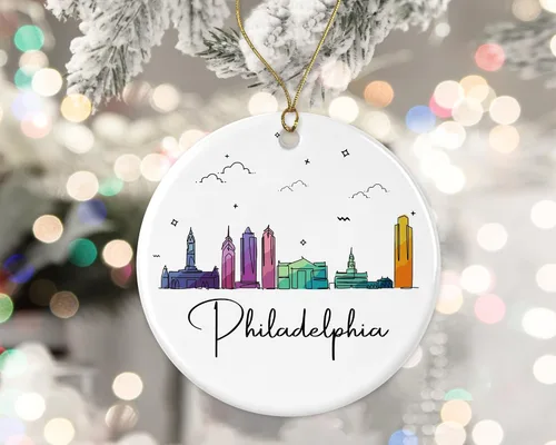Adorno de la ciudad de Filadelfia, adorno de Navidad de la ciudad de Filadelfia, adorno de Navidad de puntos de referencia, gráfico colorido del