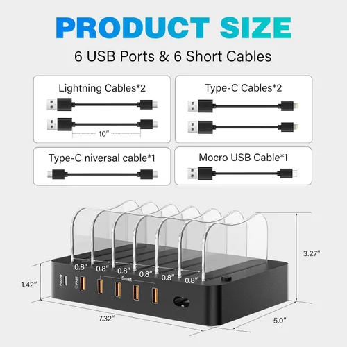 Miniatura 3 de Estación de carga para múltiples dispositivos 68W 6 puertos cargador de teléfono Dock con 6 cables, estación de carga rápida negra de 20 W