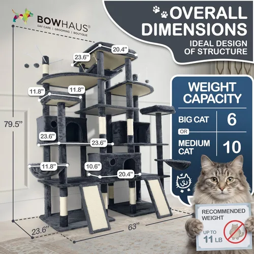 Miniatura 4 de BOWHAUS Árbol para gatos extra grande de 80 pulgadas de alto con percha ampliada para gatos grandes, torre para gatos grandes en interiores, moderna